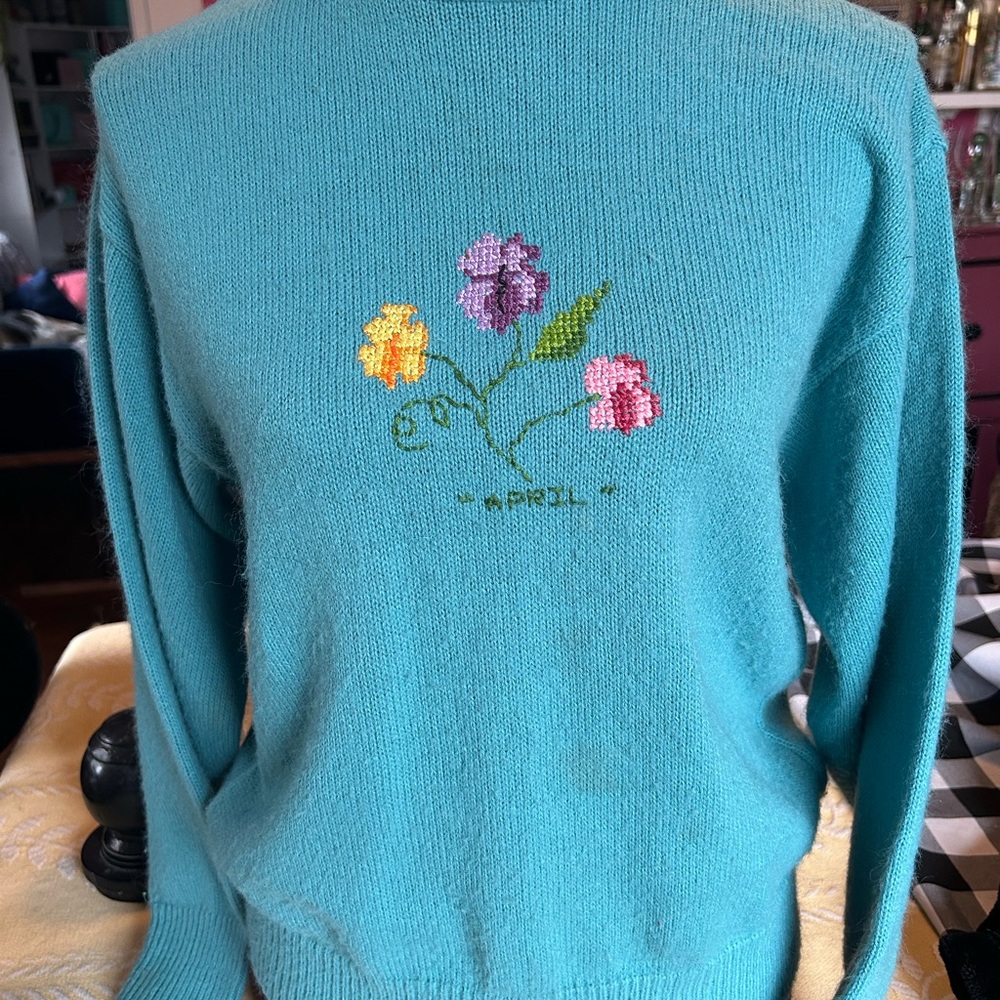 Floral Embroidered Teal Sweater